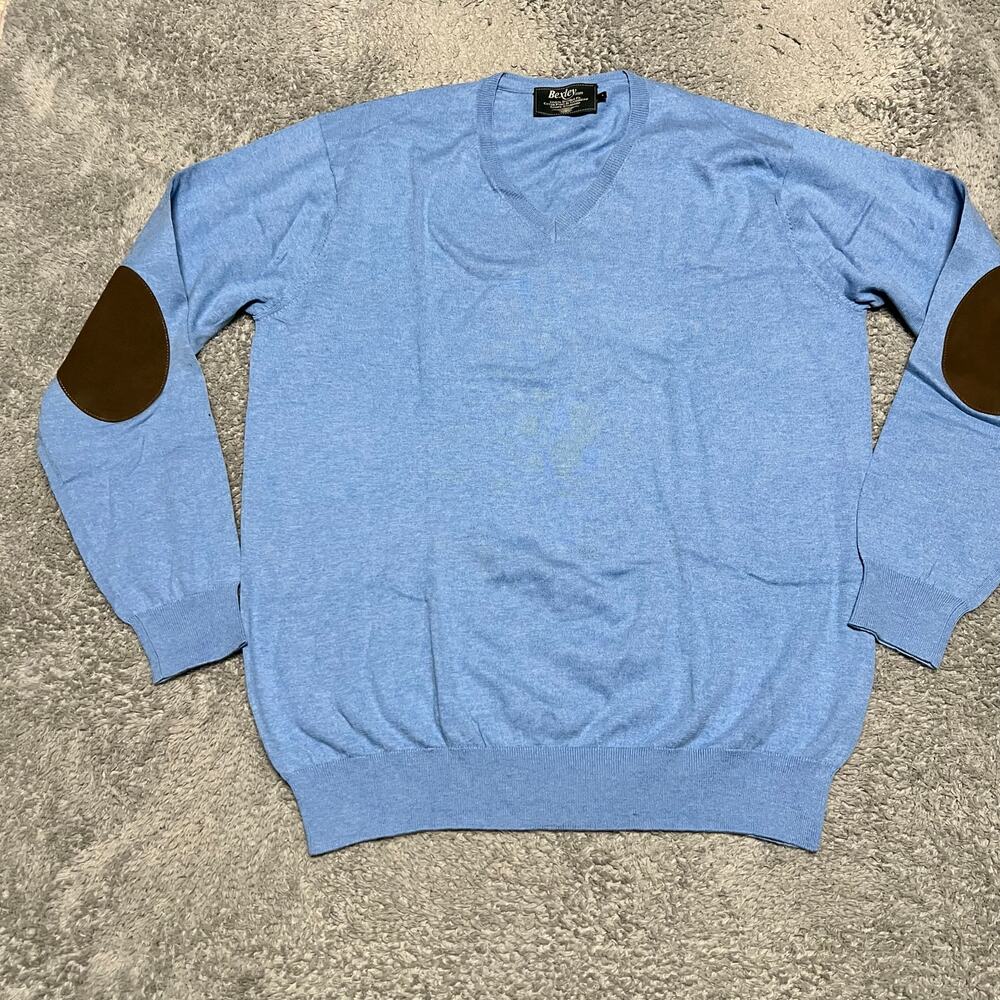Bexley Sweater Mens Large Pima Cotton Cashmere Elbow Patch V Neck Blue